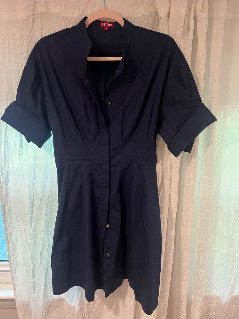 STAUD Navy Short Sleeve Button-Front Shirt Dress